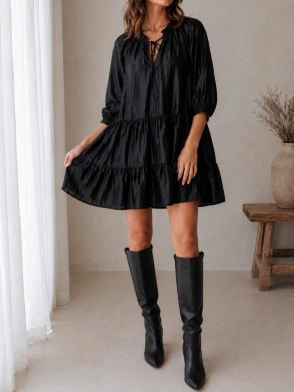 Hudson North Women’s Black Tiered Mini Dress Tunic 3/4 Sleeve Boho Size S